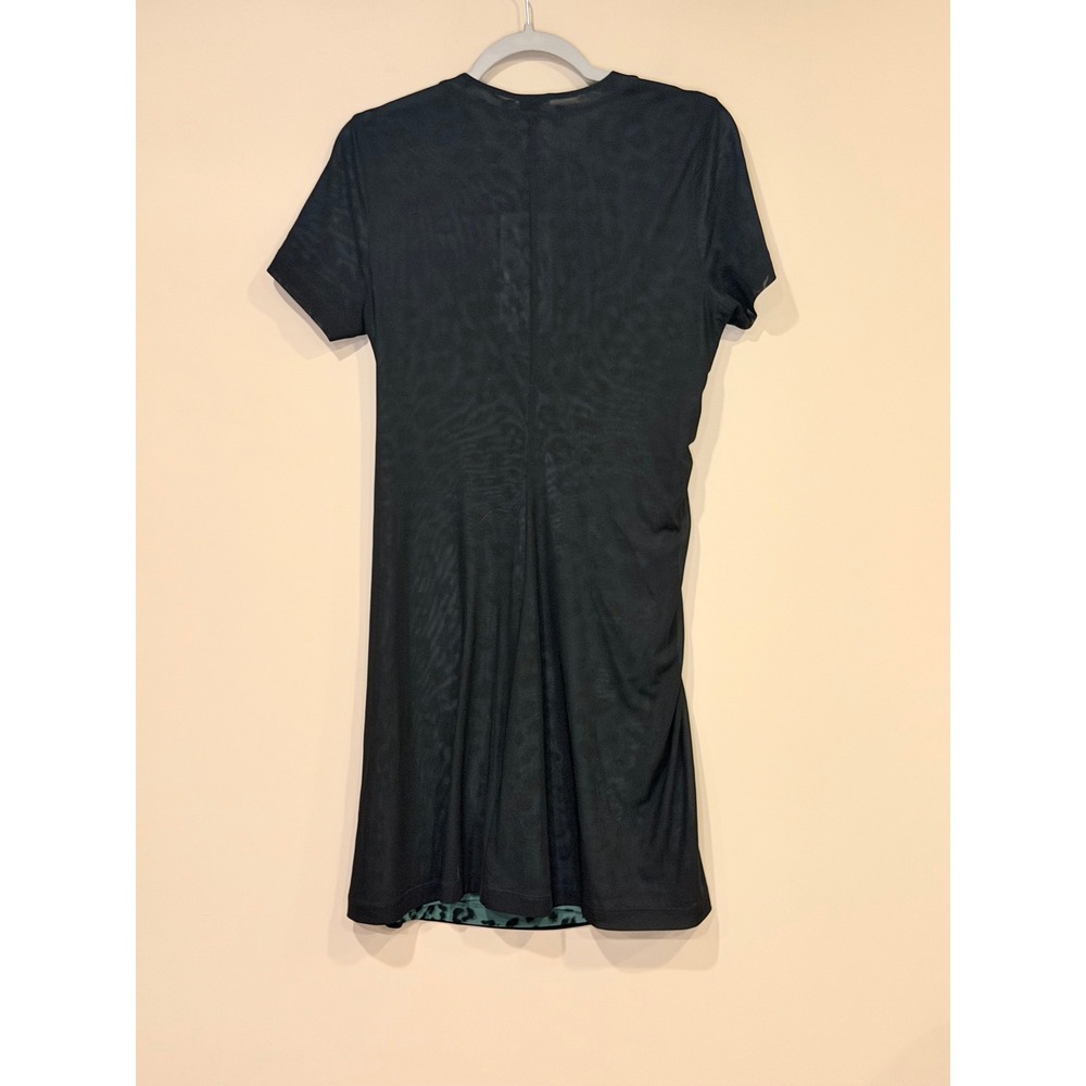 Cabi Teal Black Dress Medium Reversible Leopard Ruched Mesh Sheath Animal Print - Picture 6 of 7